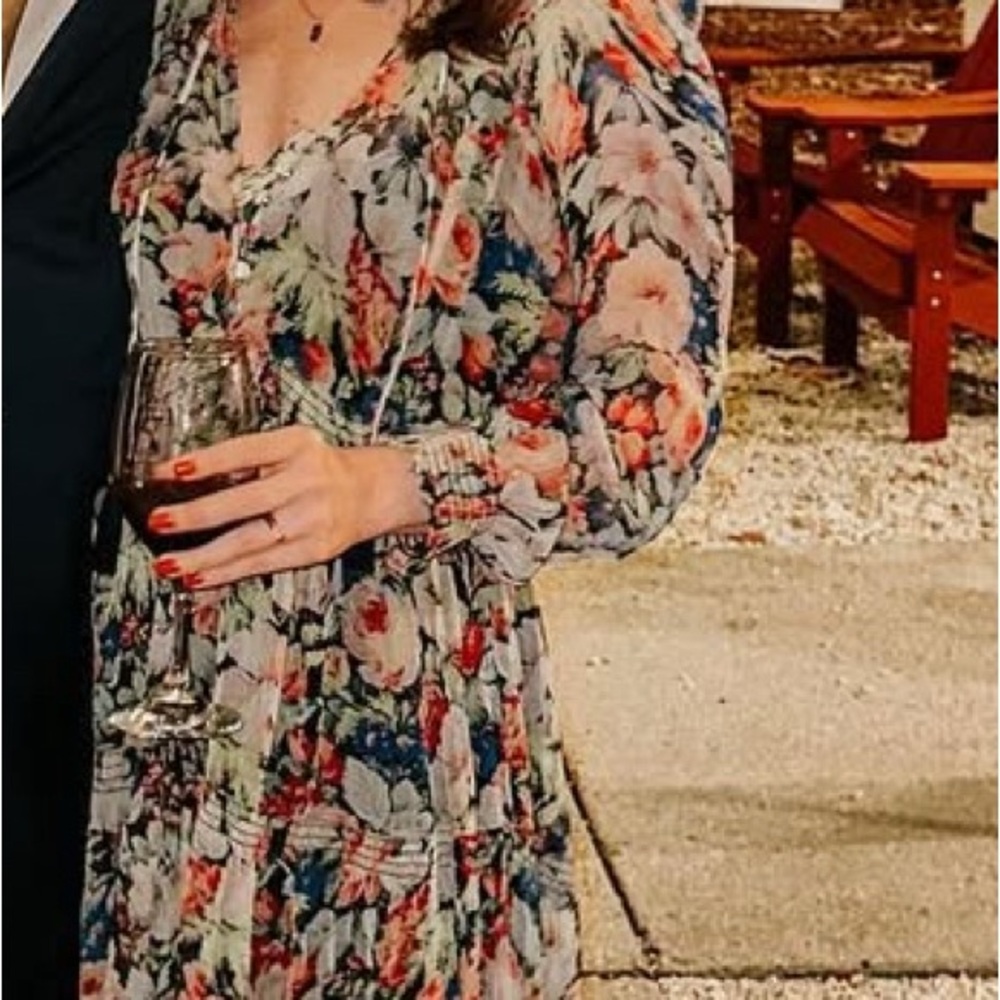 Anthropologie Pink and Blue Ruffled Tiered Long Sleeve Dress